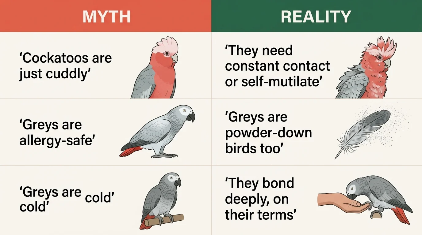 Myth versus reality cards debunking claims that African Greys are allergy-safe, that cockatoos are simply cuddly, and that Greys are cold