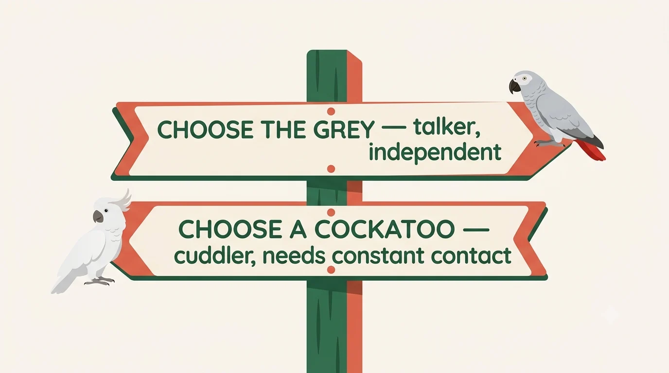 Signpost infographic summarizing the African Grey versus cockatoo decision: choose the Grey for talking and independence, choose a cockatoo for cuddling and accept the noise