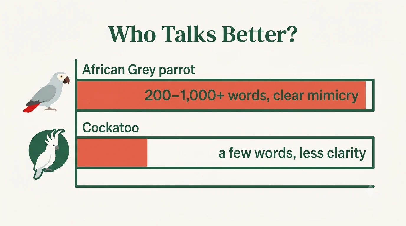 Talking-ability infographic showing the African Grey at 200 to 1,000-plus words with clear speech against the cockatoo's handful of words