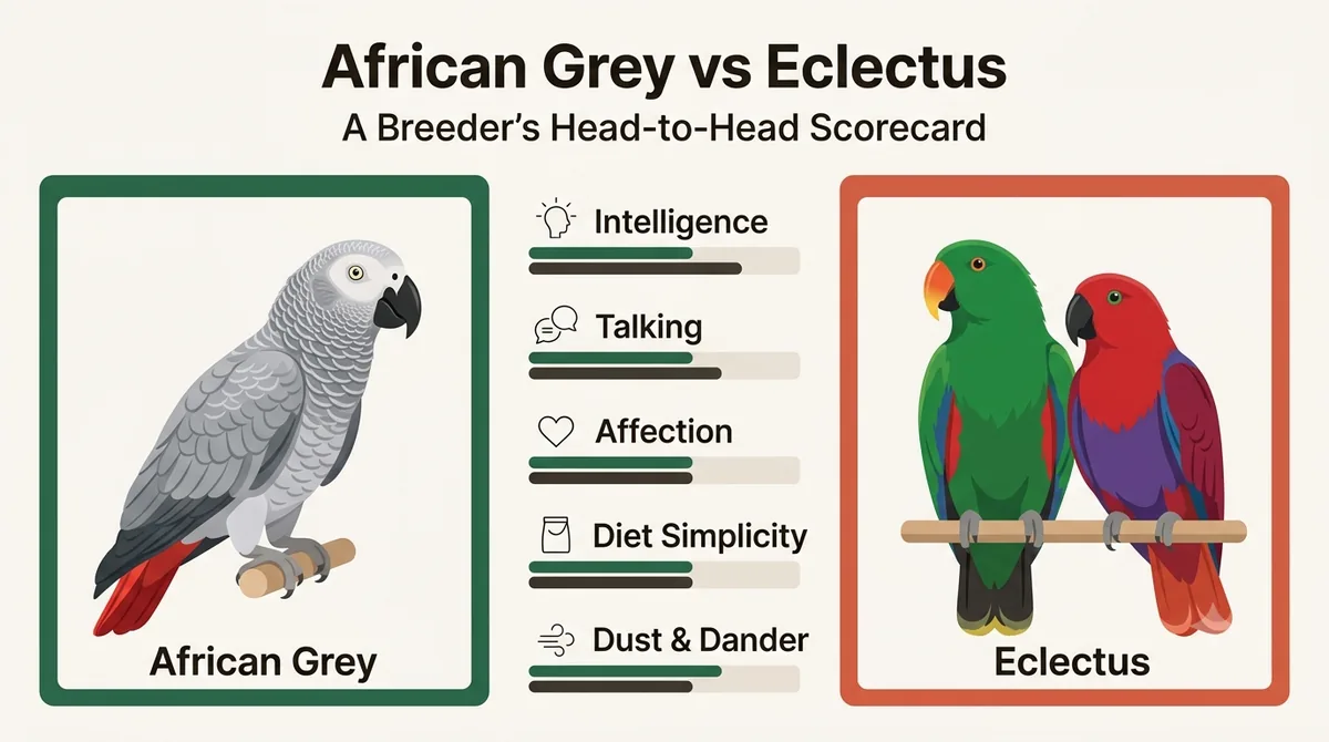 Illustrated head-to-head scorecard placing a Congo African Grey against a male and female Eclectus across intelligence, talking, affection, diet simplicity and dust levels