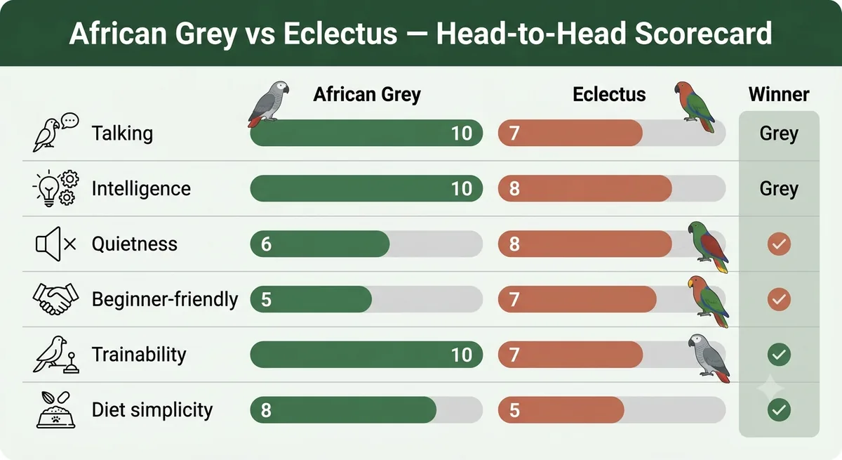 African Grey vs Eclectus head-to-head scorecard: Grey wins talking, intelligence, training and diet simplicity; Eclectus wins quietness and beginner-friendliness