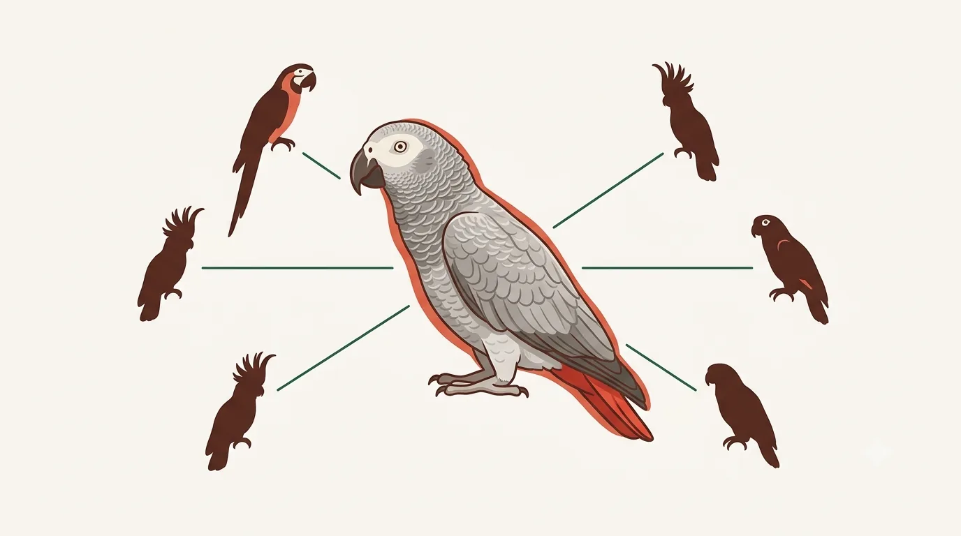 African Grey parrot comparison chart placing the Grey at the centre of macaw, cockatoo and Amazon rivals