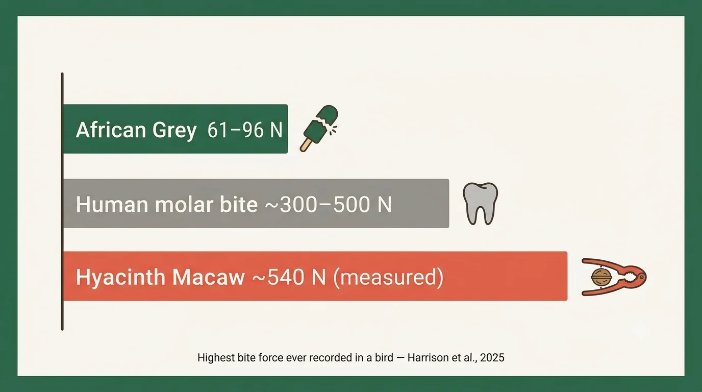 Bite-force matrix showing an African Grey at 61 to 96 newtons, a human molar bite at 300 to 500 newtons, and a Hyacinth Macaw at 540 newtons