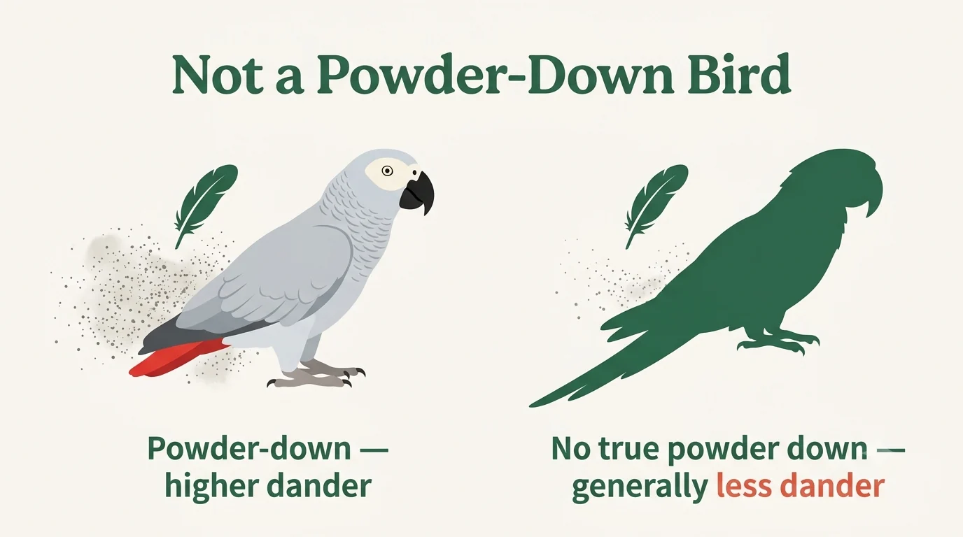 Dander comparison showing the African Grey as a high powder-down bird and the macaw as a low-dust bird, the one metric where the macaw wins