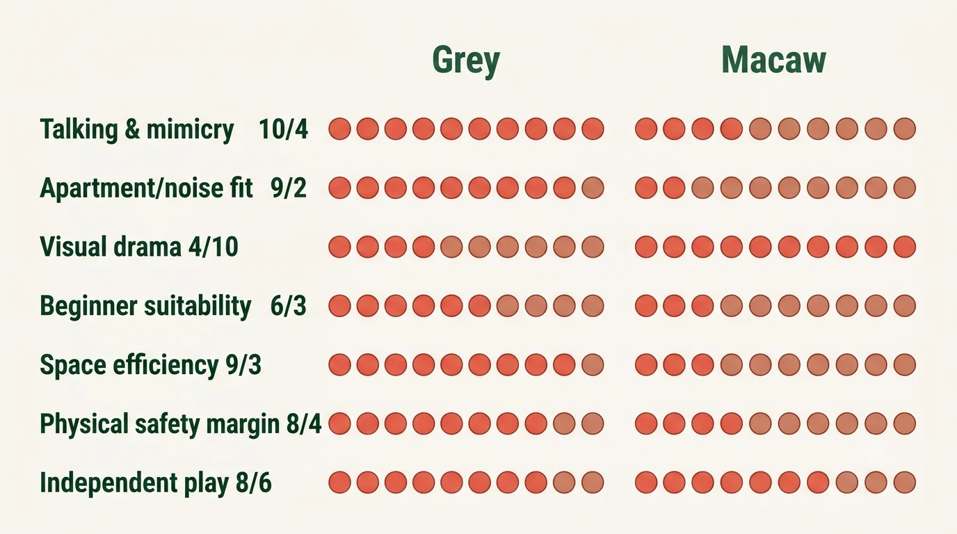 Decision scorecard rating African Grey and macaw from zero to ten across talking, noise fit, color, beginner suitability, space and safety