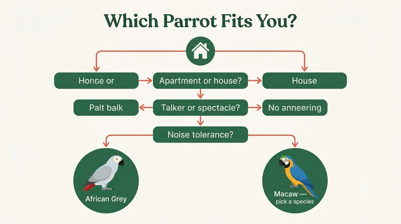 Lifestyle flowchart routing apartment dwellers and first-time owners toward the African Grey and experienced keepers with space toward a macaw