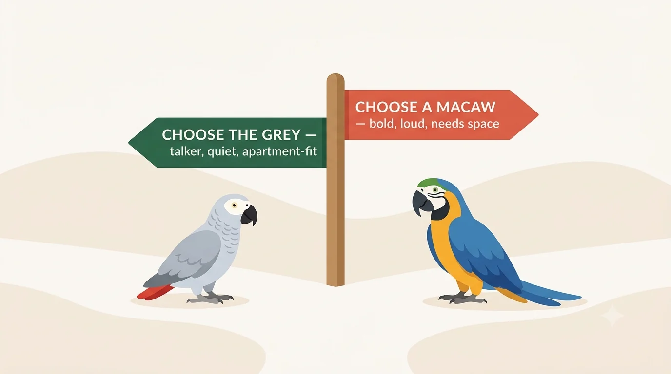 Signpost infographic pointing one way to the African Grey for talking and apartment life, the other way to the macaw for color and scale