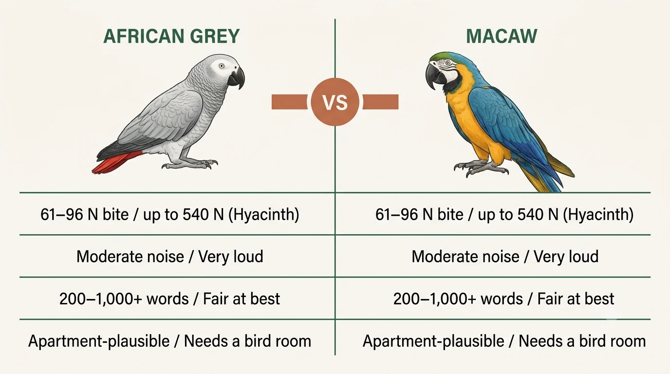 African Grey vs macaw comparison of talking clarity against wingspan and volume