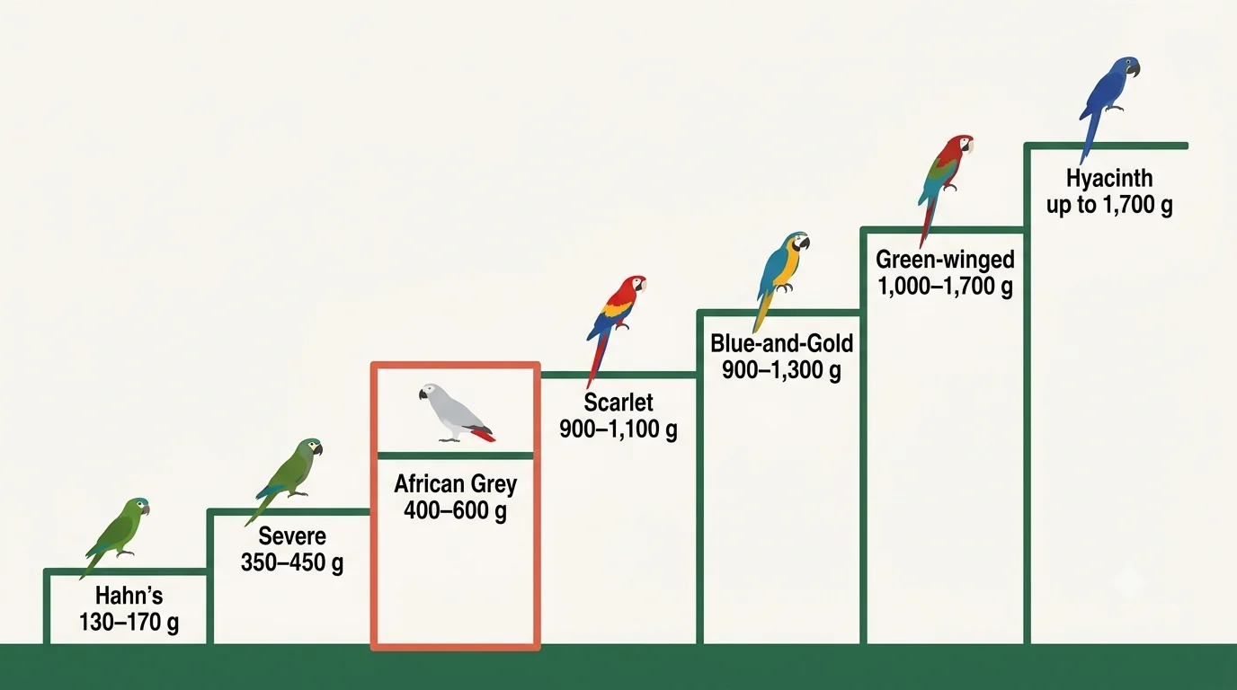 Size ladder placing the African Grey against every macaw from the 130-gram Hahn's up to the 1,700-gram Hyacinth