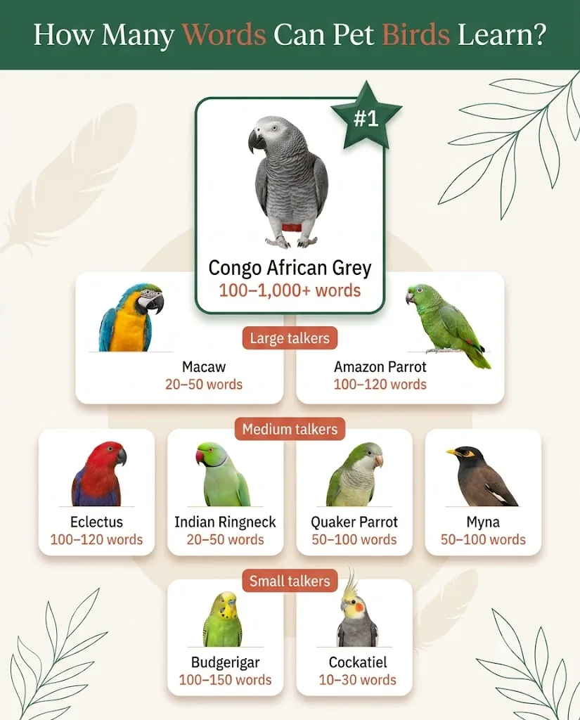 Infographic comparing how many words pet birds can learn, with the African Grey topping the list at 100 to 1,000-plus words ahead of budgies, Amazons, macaws and cockatiels