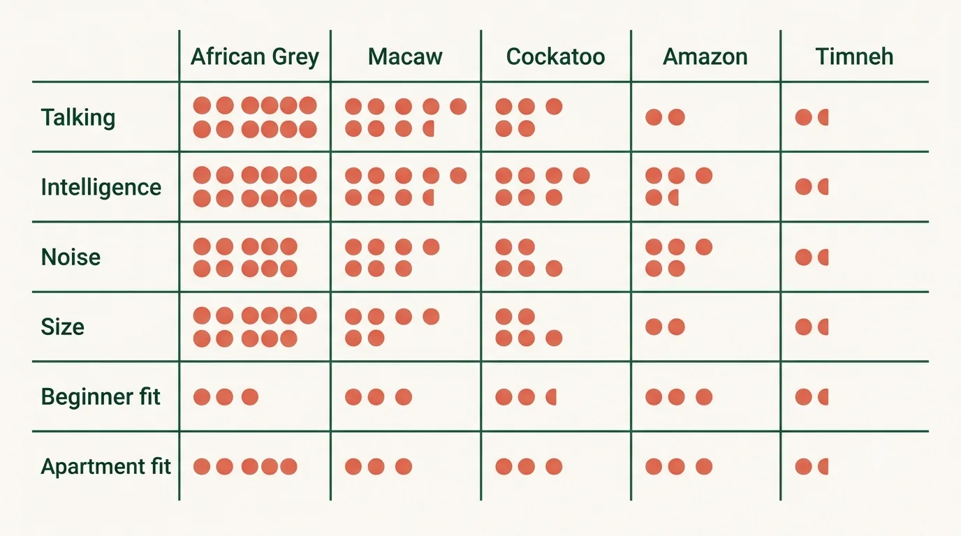 African Grey vs parrots matrix scoring talking, noise, size and beginner fit across five species