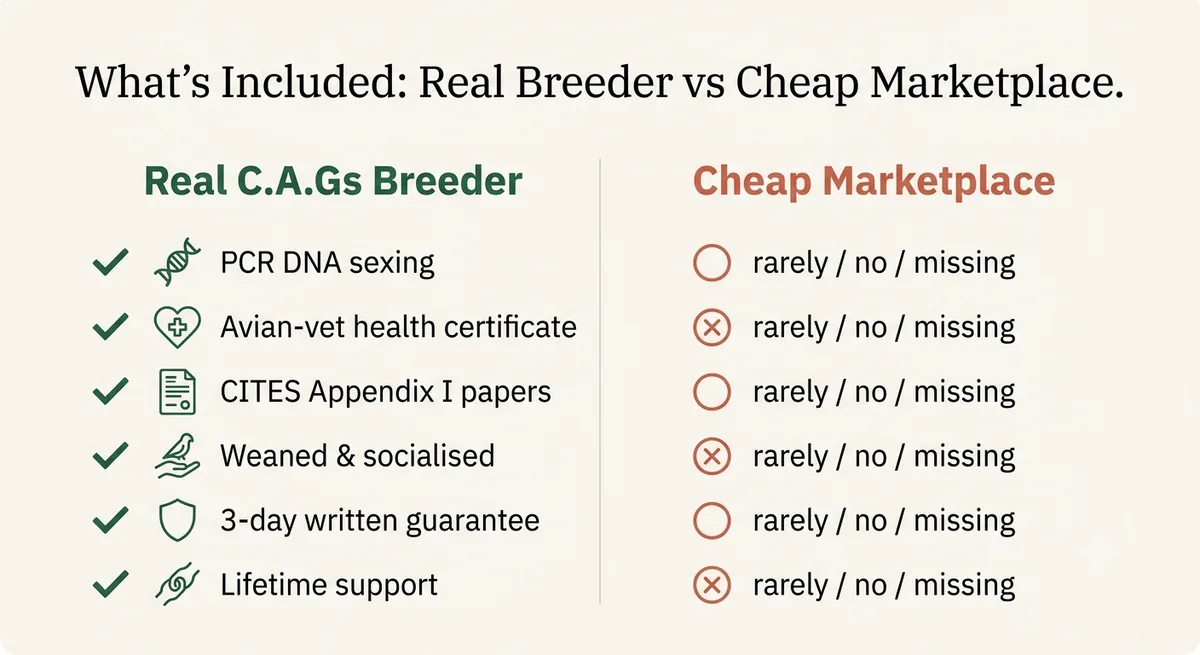 What a real C.A.Gs breeder includes versus a cheap marketplace: PCR DNA sexing, avian-vet certificate, CITES papers, weaning, written guarantee and lifetime support