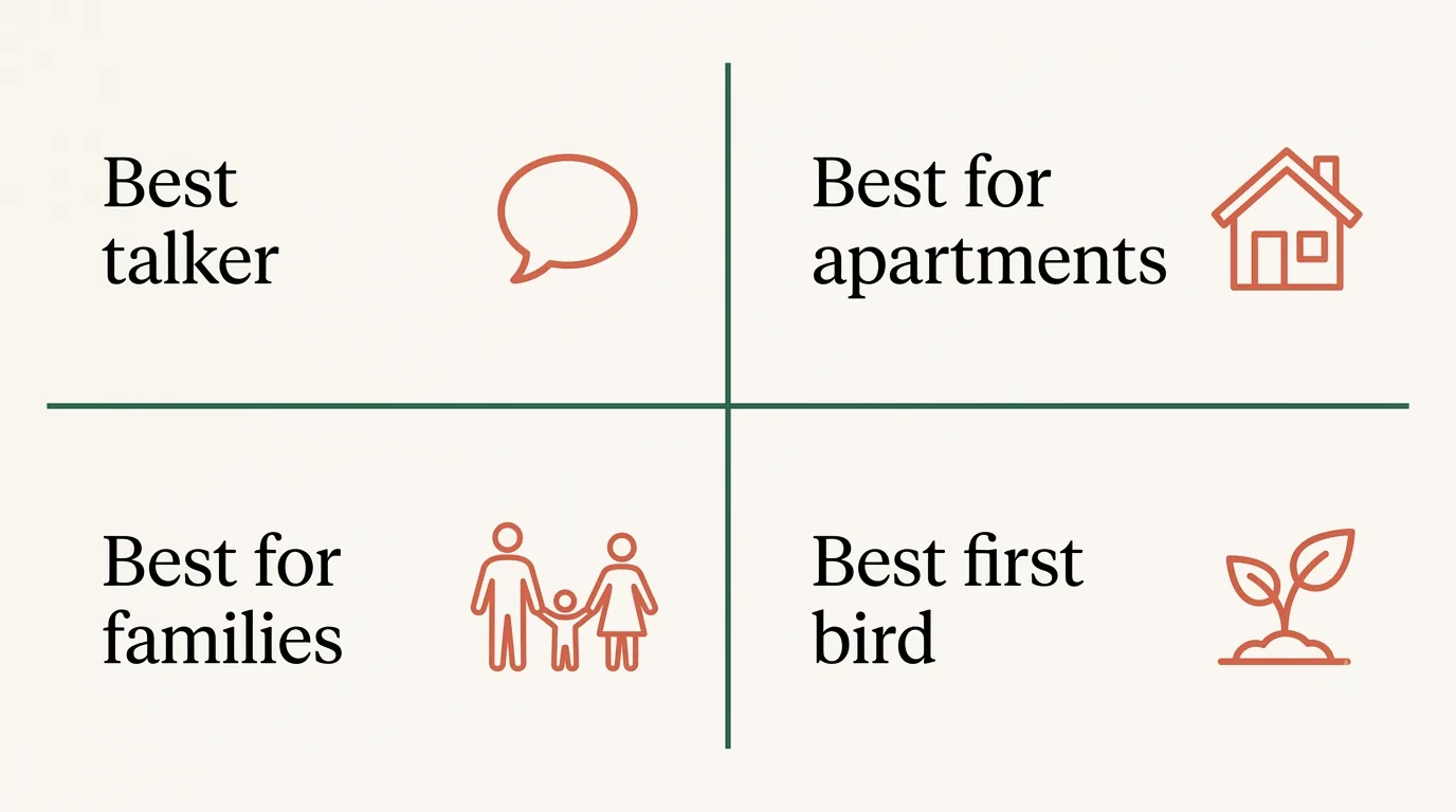 Best parrot by use case grid for talking, apartments, families and first-time owners