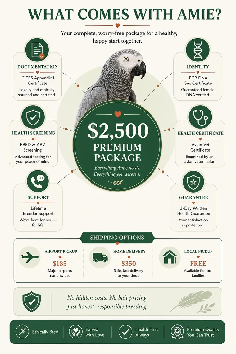 Trust and certification panel for Amie, a DNA-tested female Congo African Grey for sale — USDA AWA license, CITES Appendix I papers, DNA sex certificate, and avian-vet health certificate
