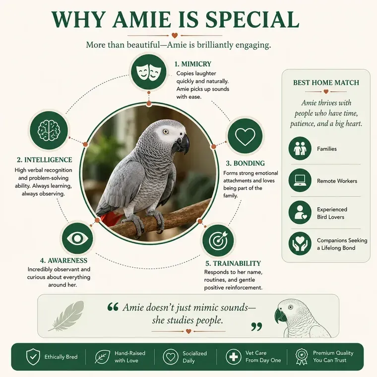 Amie's personality profile — a cuddly, hand-fed baby (3-month) female Congo African Grey rated for mimicry, intelligence, bonding, awareness, and trainability