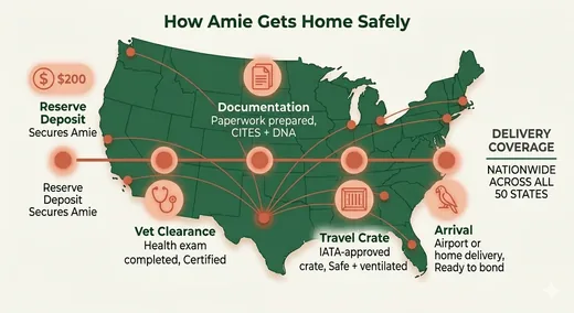 IATA-approved live-animal carrier used to ship Amie, a female Congo African Grey, from our Midland TX aviary nationwide