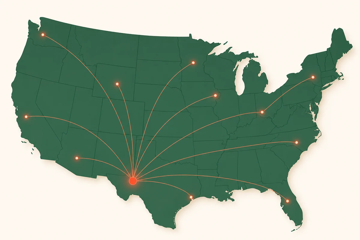 Map of the United States showing nationwide African Grey delivery routes from C.A.Gs in Midland, Texas