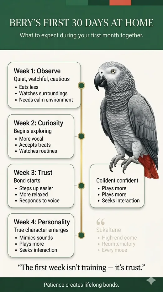 Infographic: Bery's first-30-days home schedule showing quiet time, diet transition, avian vet visit, and early bonding steps for new African Grey owners.