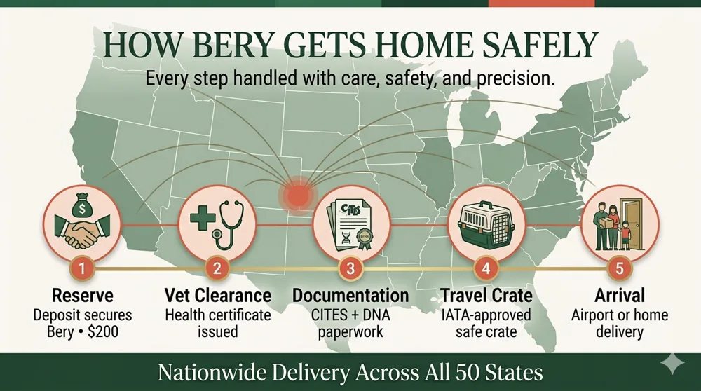 Infographic showing Bery's two airline shipping options: $185 airport-to-airport and $350 home delivery via Delta, United, or American Airlines.