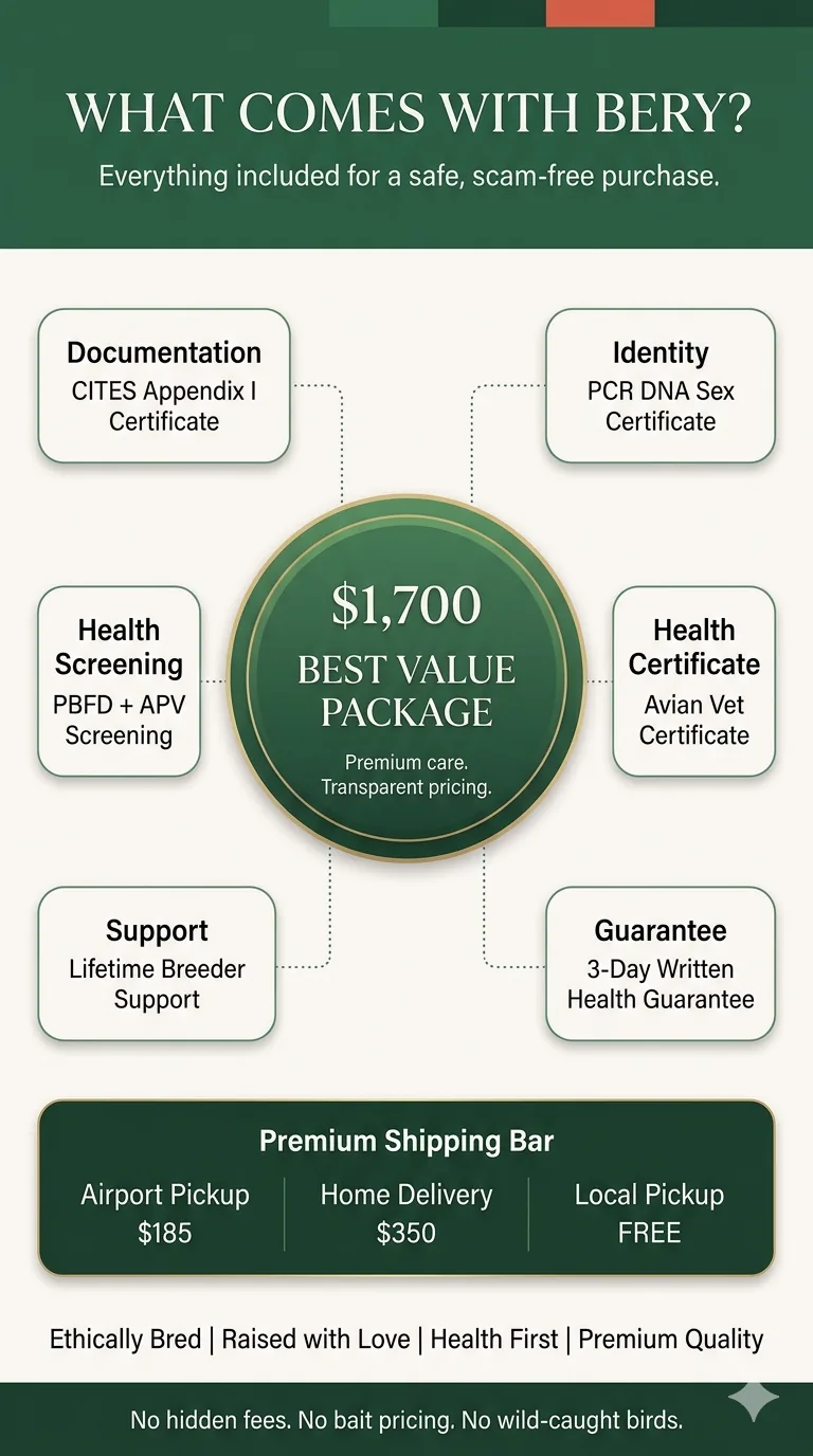 Infographic showing everything included with Bery: hatch certificate, leg band, health certificate, CITES paperwork, starter food, and care guide.