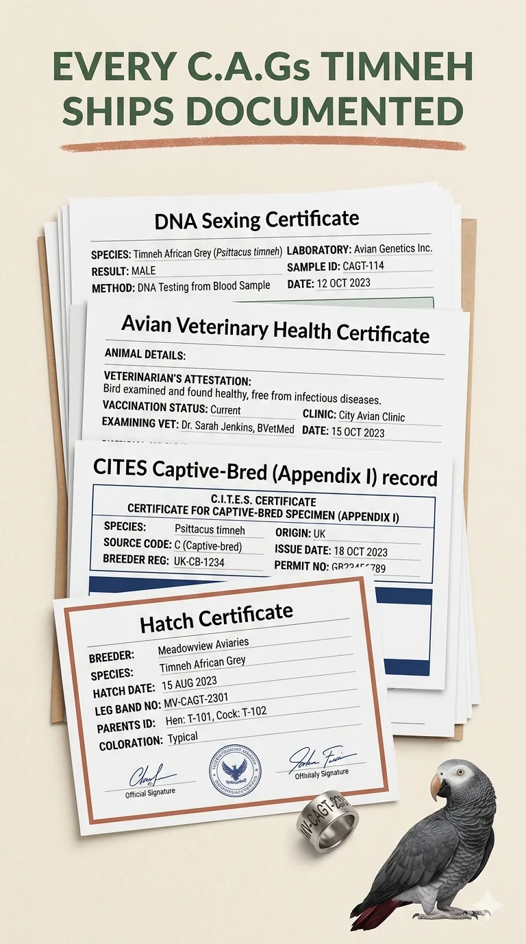 Trust and certification panel for Elad, a DNA-tested male Timneh African Grey for sale — USDA AWA license, CITES Appendix I papers, DNA sex certificate, and avian-vet health certificate