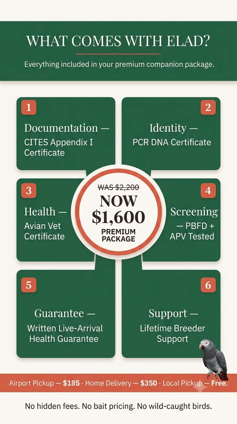 What comes with Elad — the C.A.Gs Timneh package: documentation, health screening, guarantee and lifetime support