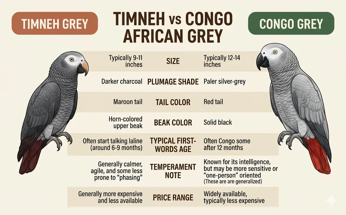 Congo vs Timneh African Grey infographic comparing size, tail colour, talking age and temperament side by side