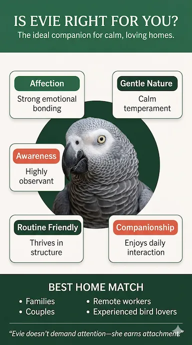 Is Evie right for you — a gentle, affectionate female Timneh African Grey suited to calm, loving homes