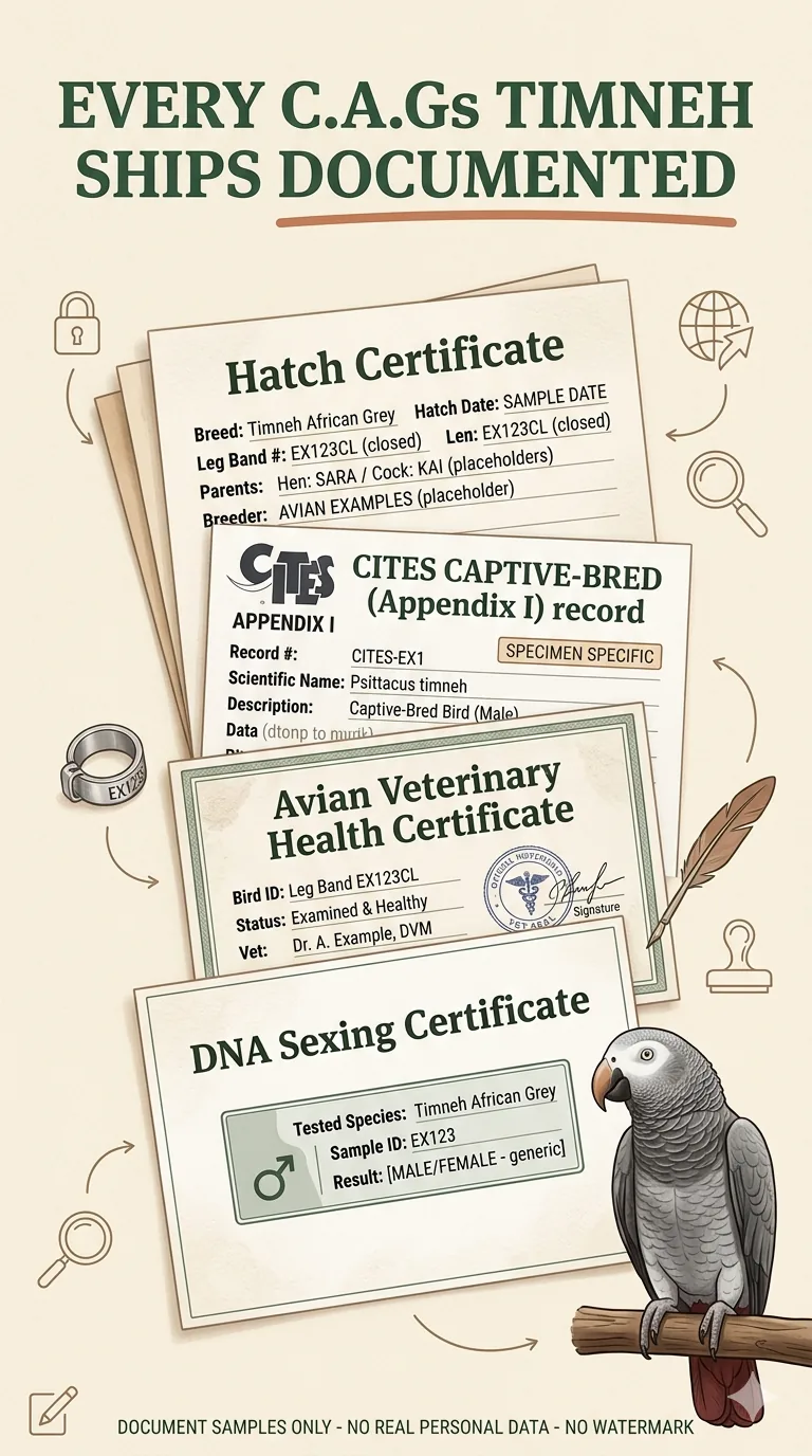 Trust and certification panel for Evie, a DNA-tested female Timneh African Grey for sale — USDA AWA license, CITES Appendix I papers, DNA sex certificate, and avian-vet health certificate
