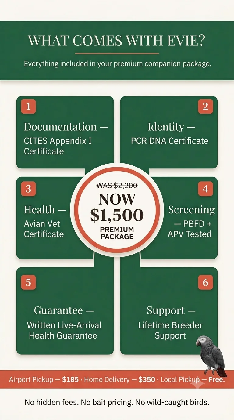 What comes with Evie — the C.A.Gs Timneh package: documentation, health screening, guarantee and lifetime support
