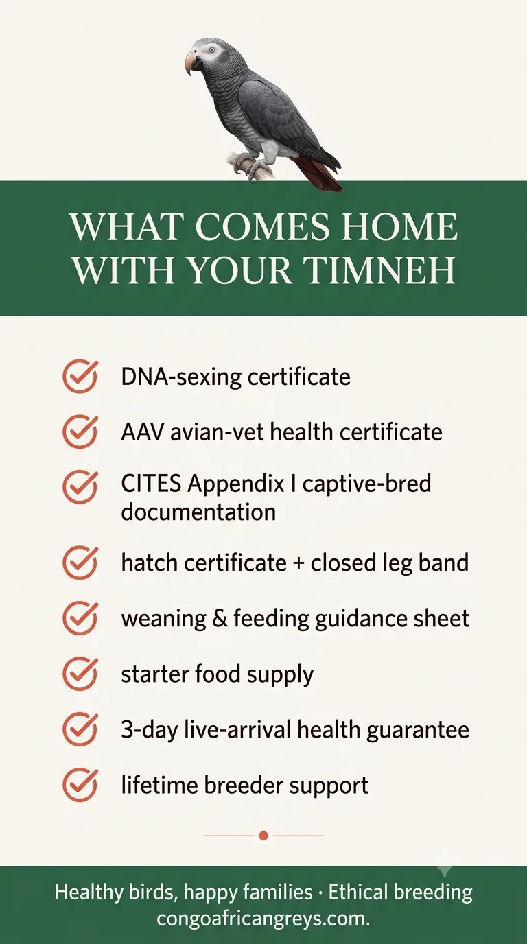 Checklist of what comes home with Evie — DNA cert, AAV health cert, CITES Appendix I papers, hatch certificate, weaning guidance, starter food, health guarantee and lifetime support