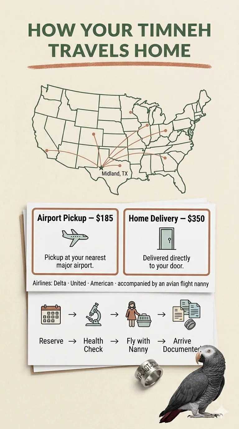 How your Timneh travels home — airport pickup $185 or home delivery $350, accompanied by an avian flight nanny on Delta, United or American