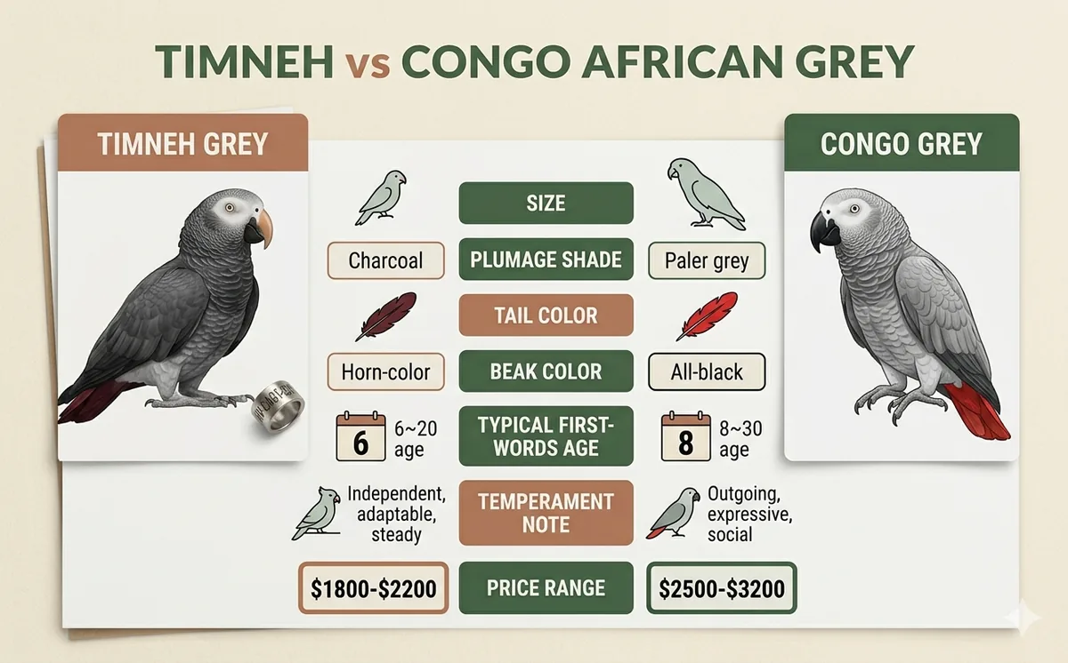Timneh vs Congo African Grey infographic — Timneh is smaller and darker with a maroon tail and horn beak; the Congo is larger and paler with a bright-red tail