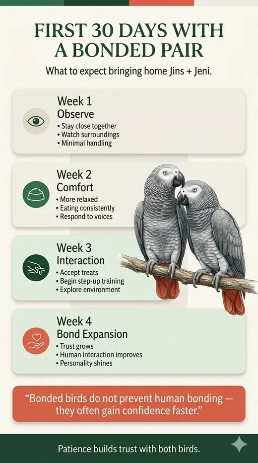 Infographic showing Jins & Jeni's first-30-days home schedule — quiet time, pair feeding setup, avian vet visits, and early bonding steps for new Congo African Grey pair owners