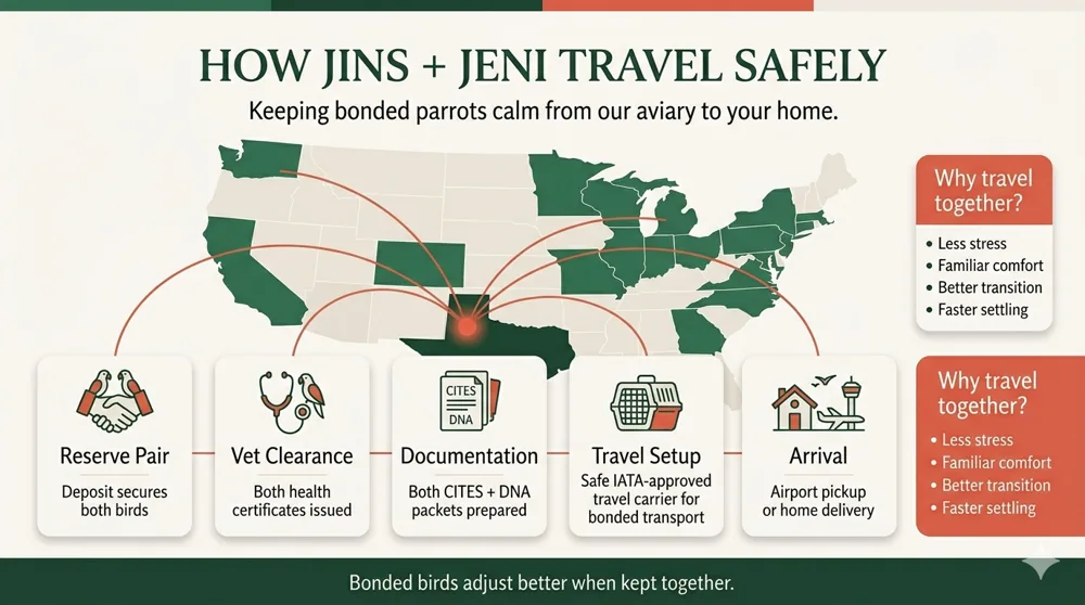 Infographic showing how Jins and Jeni travel safely as a companion pair: separate IATA-approved carriers on the same flight, $185 airport pickup or $350 home delivery