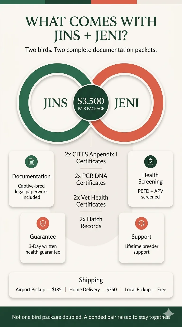 Infographic listing everything included with the Jins & Jeni Congo African Grey pair: two sets of CITES paperwork, health certificates, hatch certificates, and care guide.