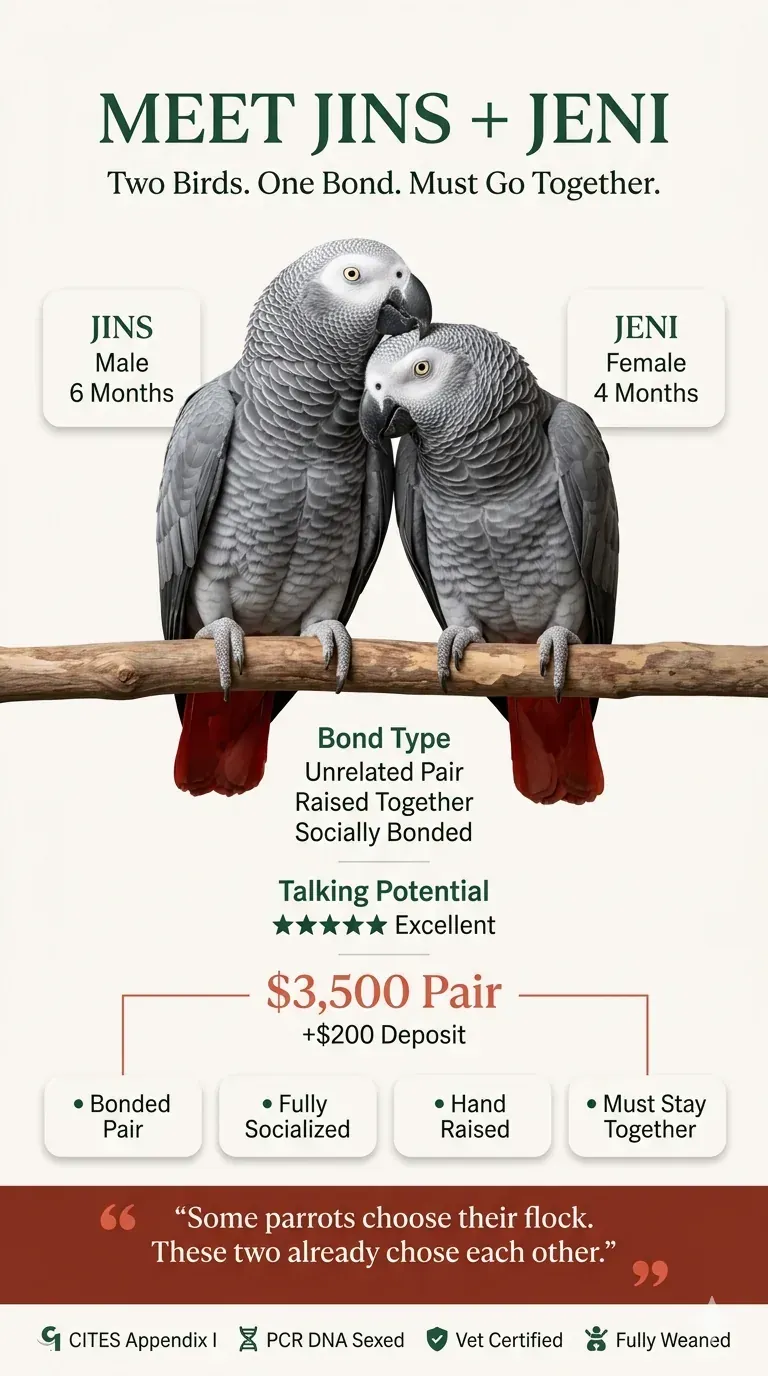 Jins and Jeni, a hand-raised Congo African Grey companion pair for sale at C.A.Gs in Midland, TX — captive-bred, DNA-sexed, $3,500 for the pair