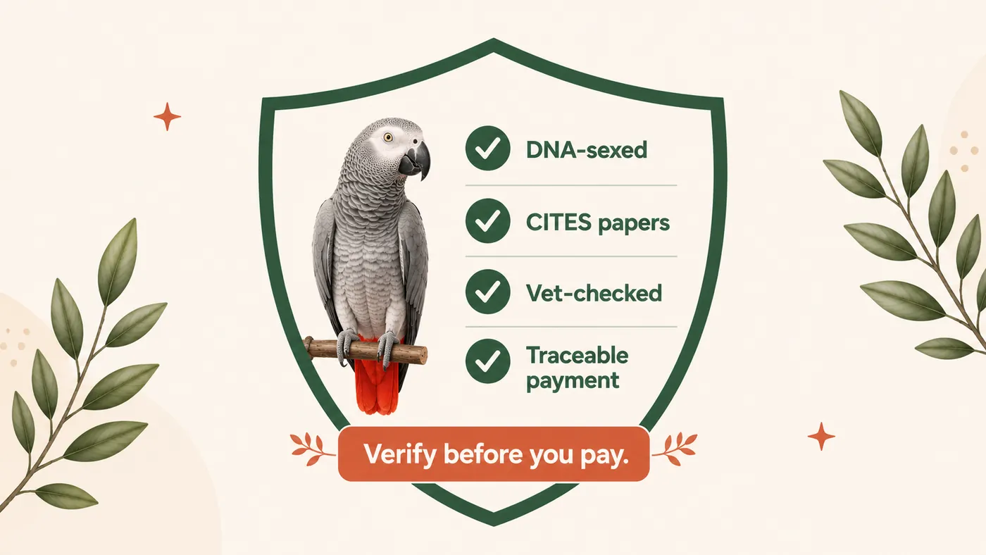 Checklist infographic for buying an African Grey safely: demand the DNA sexing certificate, verify CITES paperwork, refuse a sex surcharge, and never wire money to an unverified seller