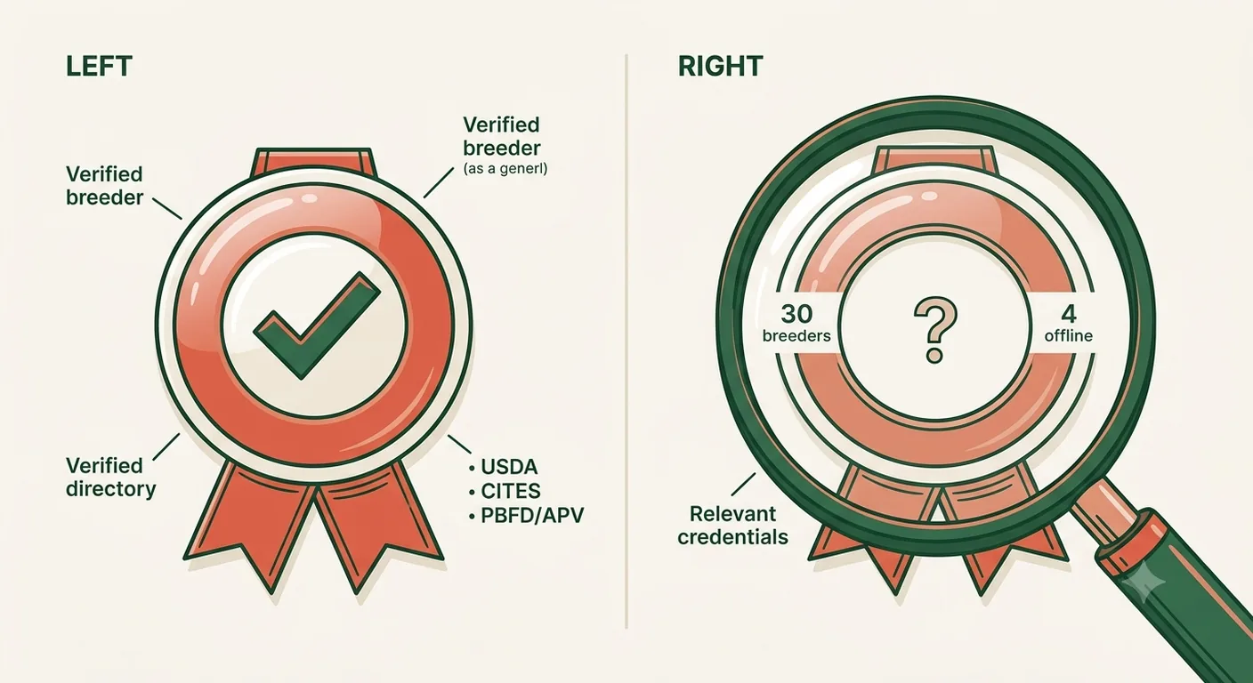 A verified breeder web badge shown next to the same badge under a magnifying glass revealing no credential behind it