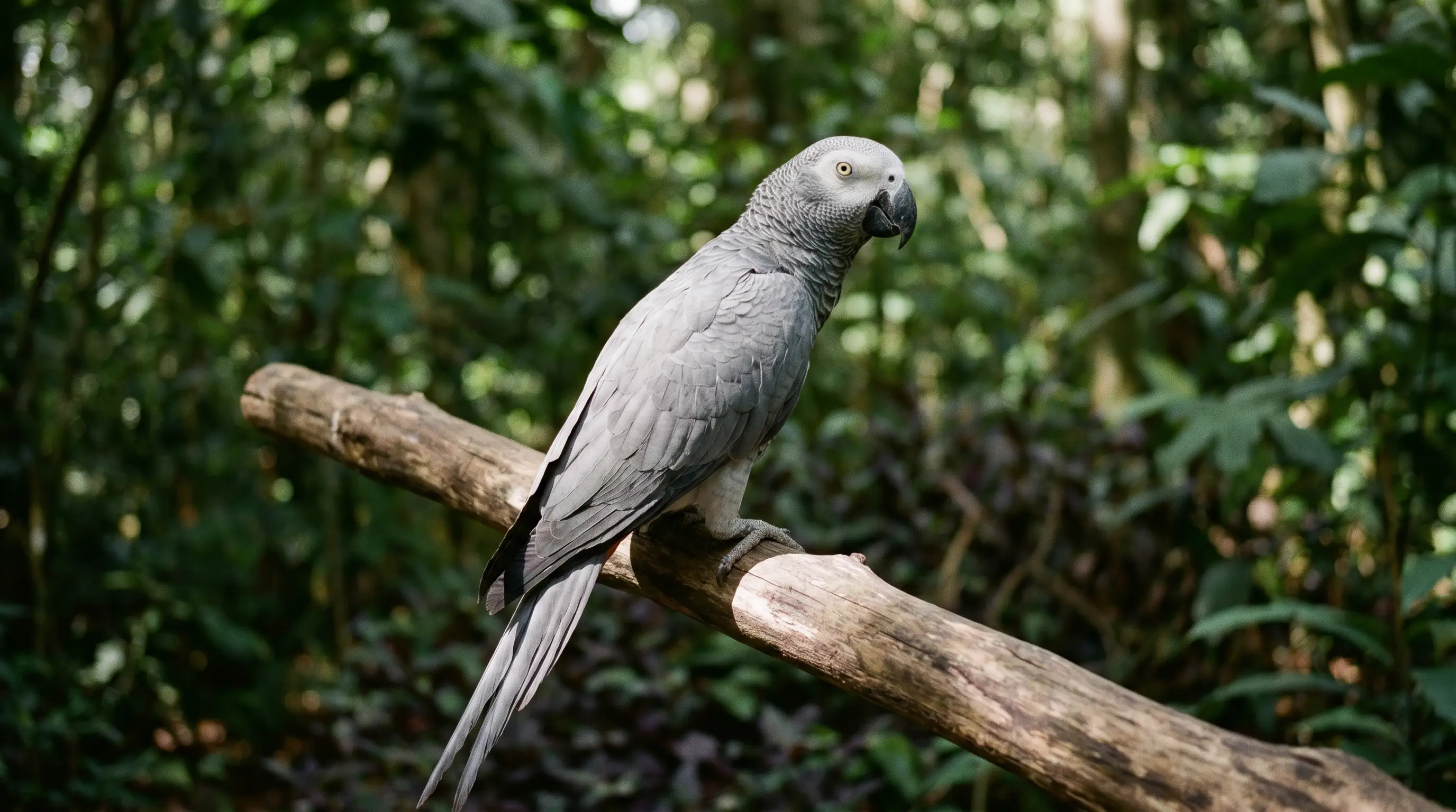 Congo African Grey parrot in its native West and Central African rainforest habitat — the wild origin behind every captive-bred C.A.Gs Grey