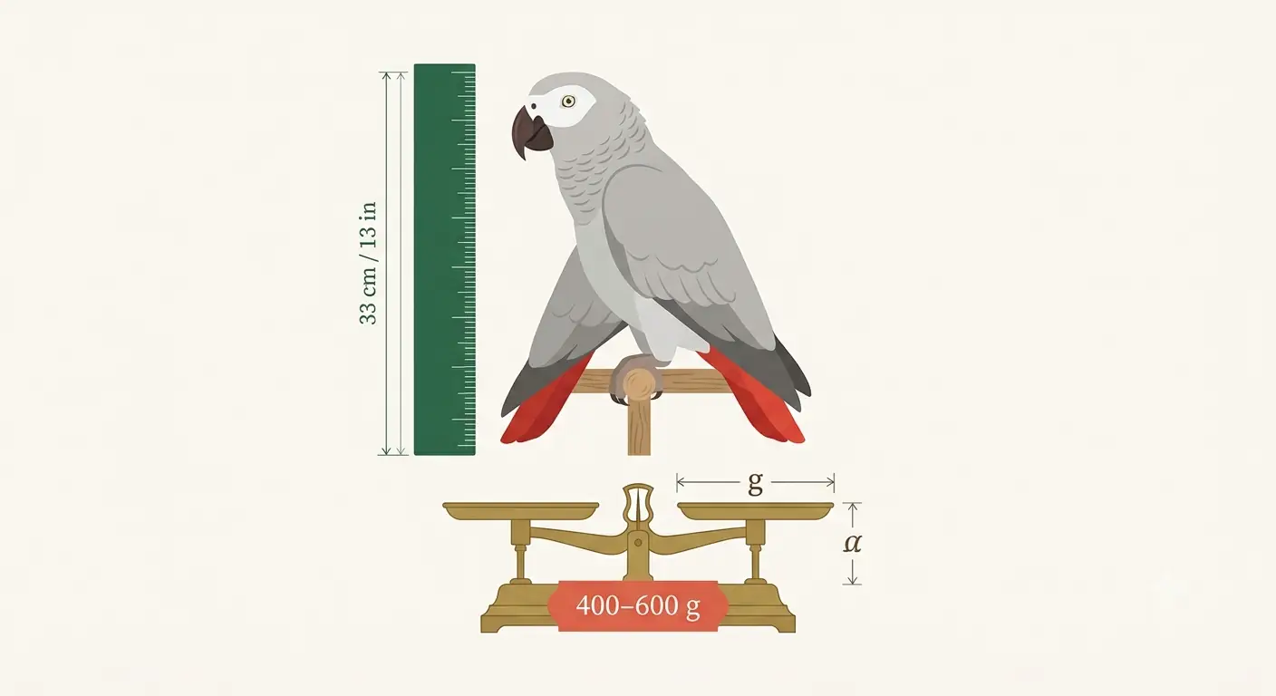 Infographic showing Congo African Grey adult size and weight of 400 to 600 grams and 12 to 14 inches, compared against the smaller Timneh African Grey