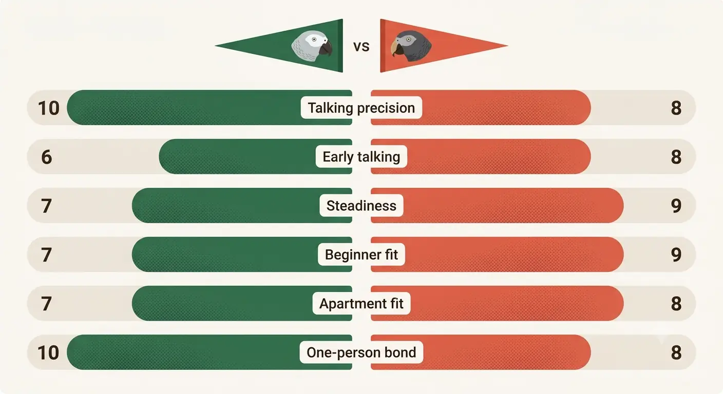 Decision scorecard infographic rating Congo and Timneh African Greys from zero to ten on talking precision, onset, temperament, beginner fit, apartment fit and bonding depth