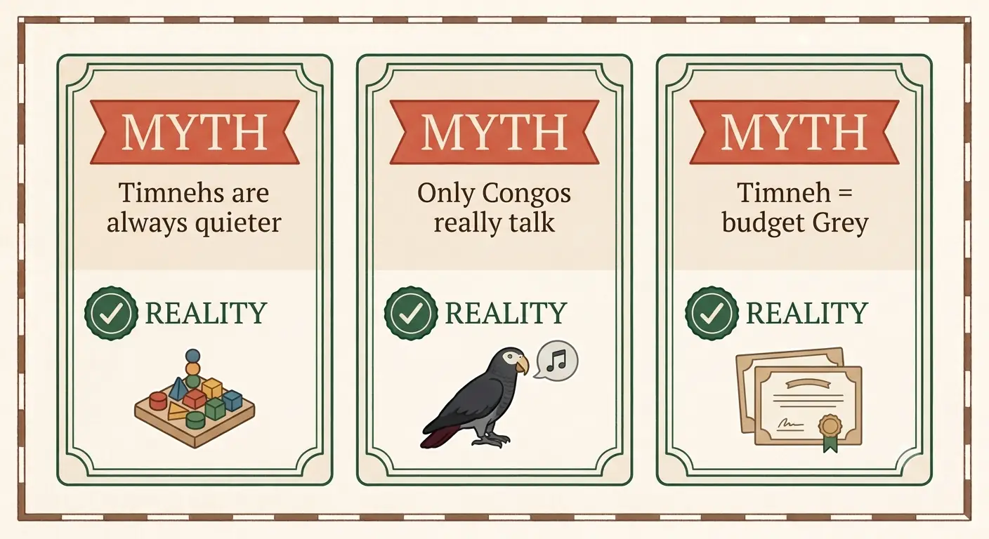 Myth versus reality cards debunking claims that Congos are smarter, that Timnehs are budget greys, and that Timnehs are always quieter