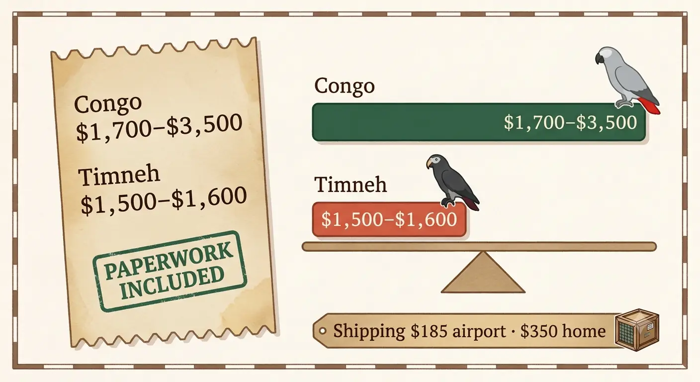 African Grey price and cost breakdown for Congo and Timneh with shipping tiers