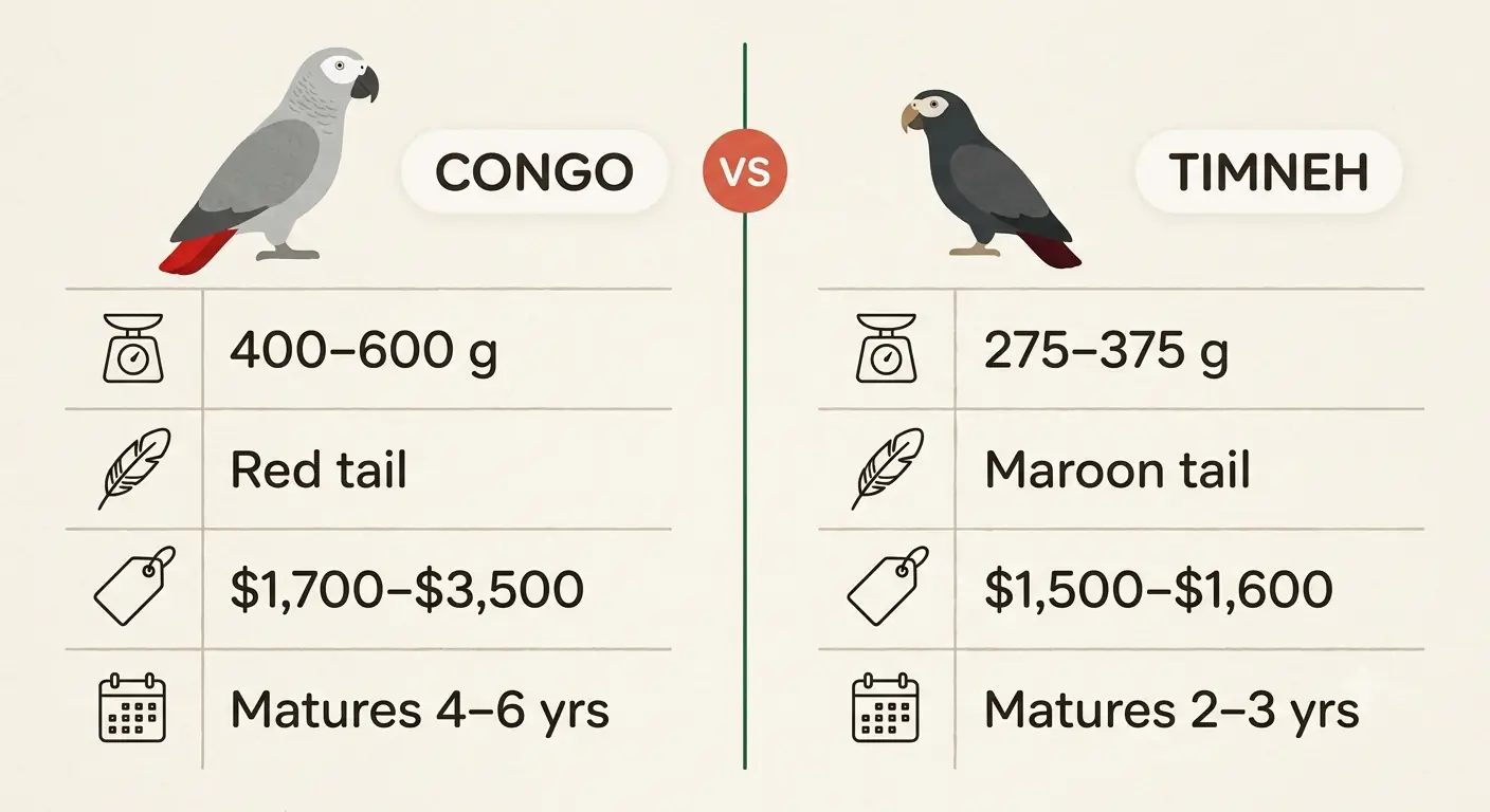 Congo vs Timneh African Grey comparison of size, tail colour, price and talking onset