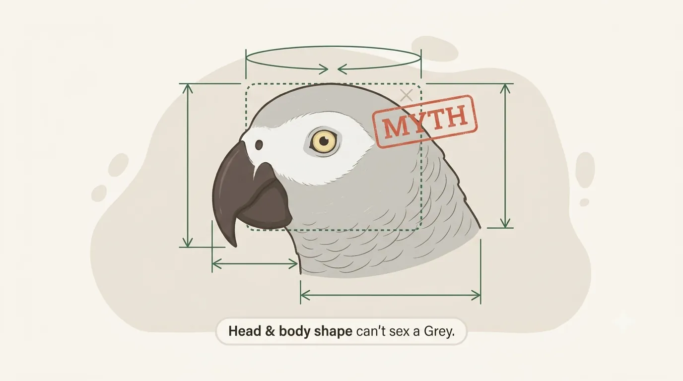 Infographic of two identical African Greys with equal speech bubbles on a level meter, showing that talking ability does not reliably differ by sex
