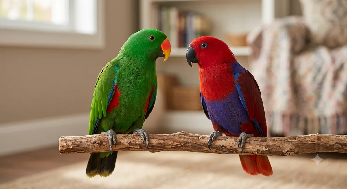 An emerald-green male Eclectus and a crimson-and-purple female Eclectus perched together, showing extreme sexual dimorphism