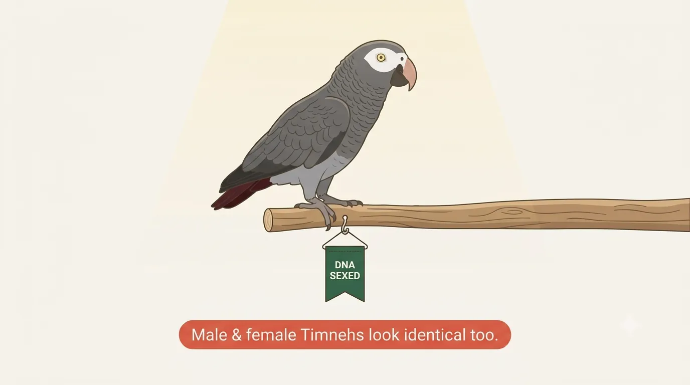 Spotlight infographic of a Congo African Grey with a DNA-sexed tag, noting that Congo gender is confirmed by DNA rather than size or color
