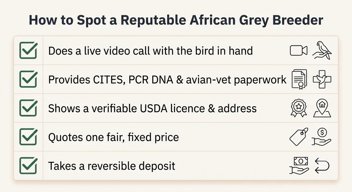 How to spot a reputable African Grey breeder: does a live video call, provides CITES, DNA and vet papers, shows a USDA licence, quotes one fair price, takes a reversible deposit