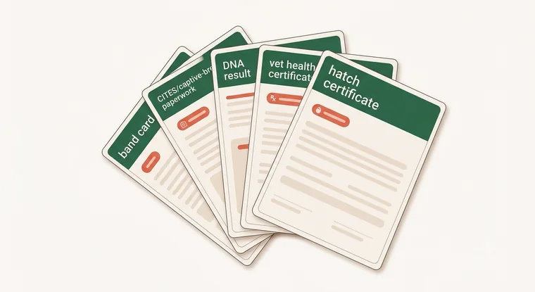 The five documents included with every baby grey: hatch certificate, veterinary health certificate, DNA sexing result, captive-bred CITES paperwork and band card